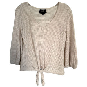 W5 Women's Tie-Front Crop Sweater 3/4 Sleeve V-Neck Textured Size S Beige